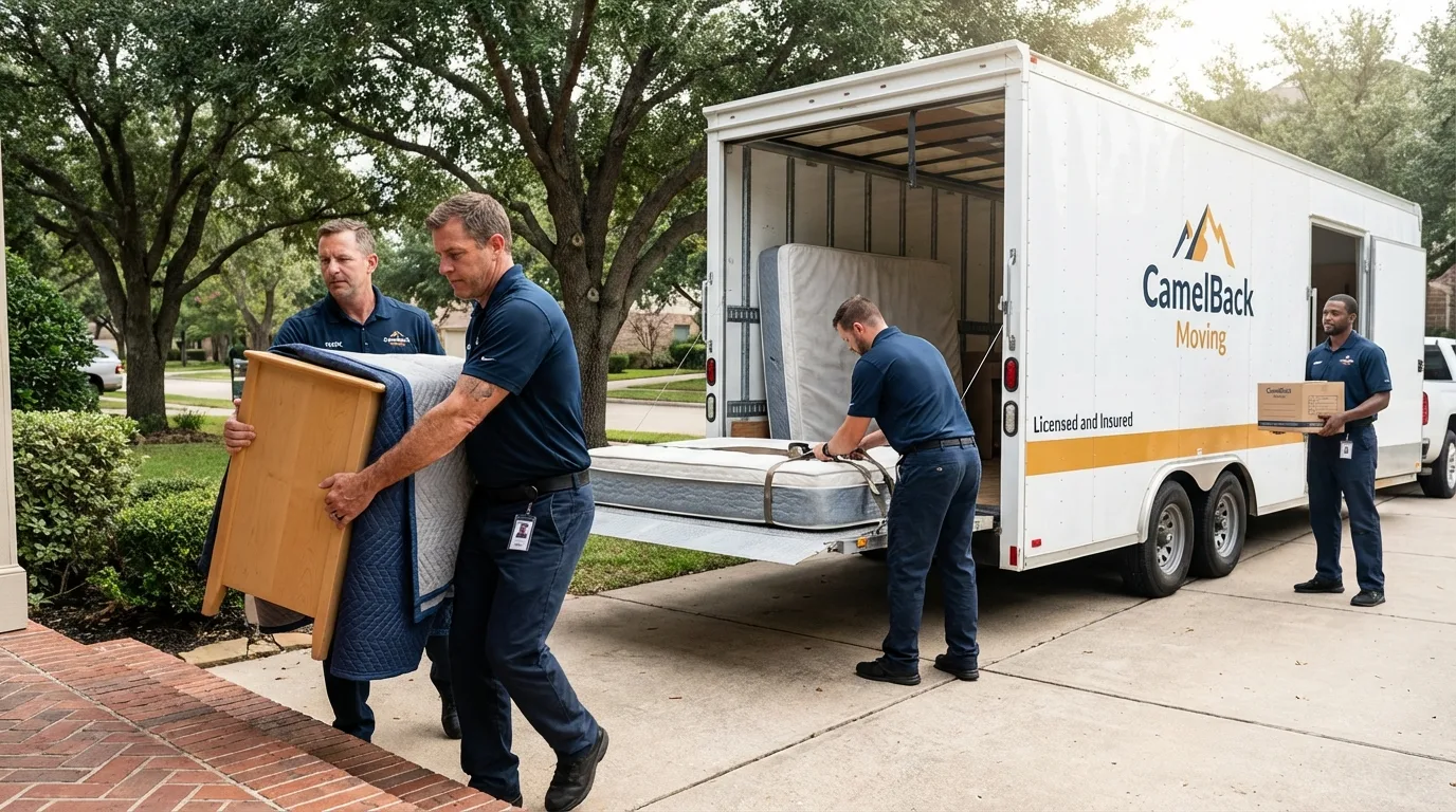 Crew loading residential truck for cross-state move from Borger, TX