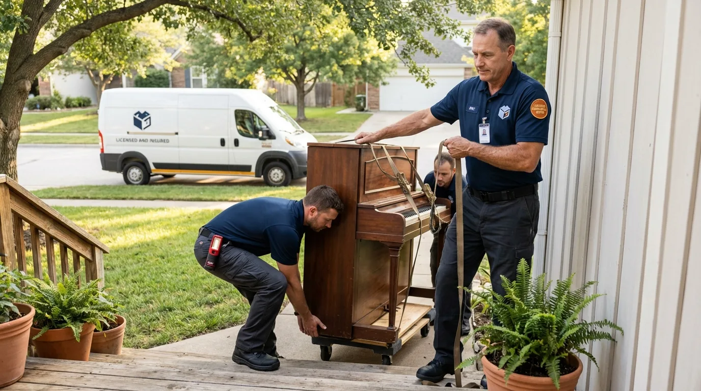 Licensed piano movers securing grand piano in Borger, TX