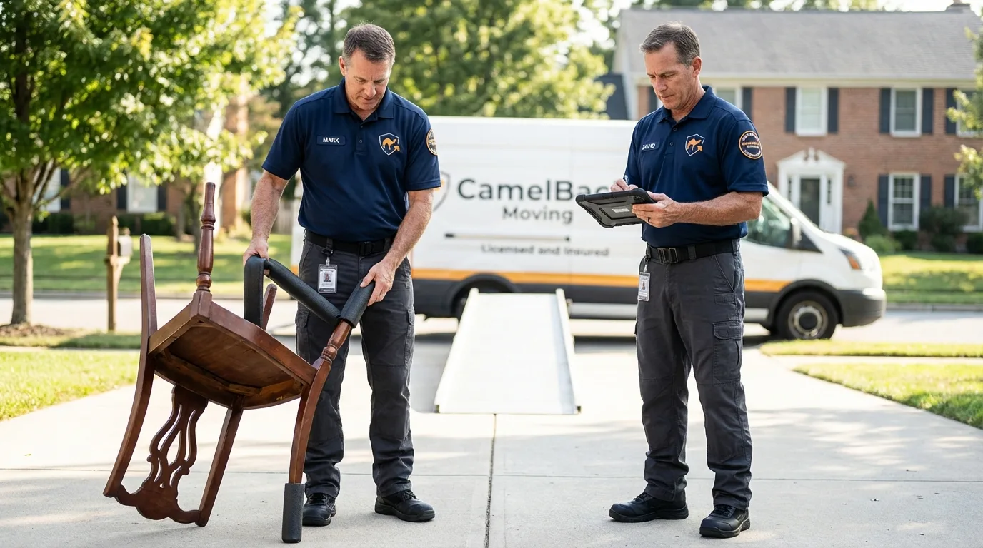 Movers inspecting furniture for damage prevention before loading in Borger, TX